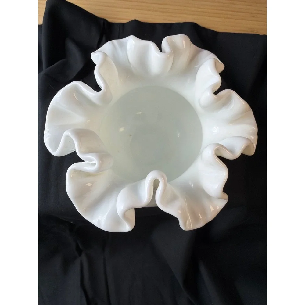 White Milk Glass Ruffled Rose Bowl Vase‎ Fenton Style Cottagecore